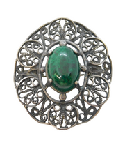 Sterling Silver & Cabochon Malachite Set Filigree Brooch Pin Vintage c1970s