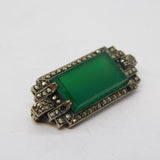 Art Deco Sterling Silver, Marcasite & Jadeite Brooch Antique c1930s
