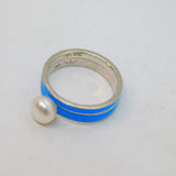 Sterling Silver Blue Enamel & Pearl Stacking Rings Vintage c2000 Size Q 1/2