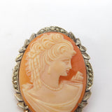 Art Deco 800 Grade Silver, Marcasite & Carved Shell Cameo Brooch Pin Antique