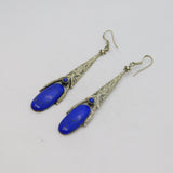 Pair of Sterling Silver Mexican Lapiz Lazuli Cutwork Hook Earrings Vintage c1970