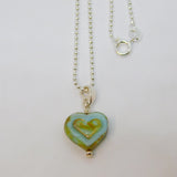 Sterling Silver Marbled Blue Glass Heart Pendant Necklace Contemporary c2015
