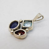Sterling Silver, Topaz, Garnet & Amethyst Drop Pendant Vintage c1990s