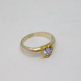 Sterling Silver & Gilt Lavender CZ Heart Solitaire Ring Vintage c1990 Size M 1/2