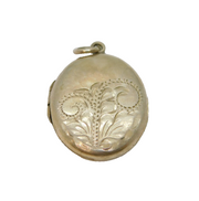 Sterling Silver Foliage Design Oval Locket Charm Pendant Vintage c1970