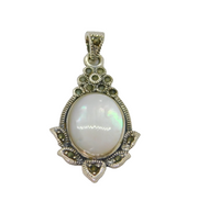 Sterling Silver Mother Of Pearl & Marcasite Antique Style Pendant Modern c2000s