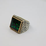 Sterling Silver Brass Fronted Green Glass Gothic Style Ring Vintage c1970 Size O