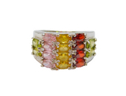 Sterling Silver Multi-Colour Gemstone White Band Dress Ring Vintage c1970 Size O