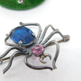 Sterling Silver Pink-Blue Paste Set Spider Insect Brooch Antique c1930 Art Deco