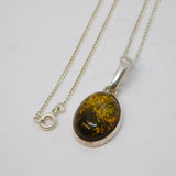 Sterling Silver & Cabochon Cut Green Amber Drop Pendant Necklace Vintage