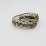 Sterling Silver Black & Clear Paste Crossover Band Ring Vintage c1970 Size M 1/2