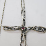Large Studio Style Sterling Silver & Garnet Cross Pendant Necklace Vintage