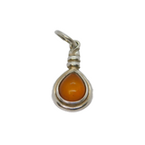 Sterling Silver Baltic Amber Peardrop  Cabochon Charm Pendant Vintage c1970