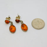Pair of Sterling Silver Baltic Amber Oval & Round Stud Earrings Vintage c1970