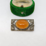 Sterling Silver Cabochon Cut Carnelian Agate Floral Brooch Vintage c1970