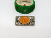 Sterling Silver Cabochon Cut Carnelian Agate Floral Brooch Vintage c1970