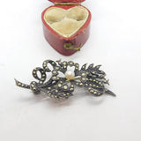 Sterling Silver, Marcasite & Single Pearl Set Floral Brooch Antique c1920 Deco