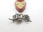Sterling Silver, Marcasite & Single Pearl Set Floral Brooch Antique c1920 Deco