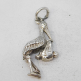 Sterling Silver Stork Baby Delivery Charm Pendant Vintage c1970