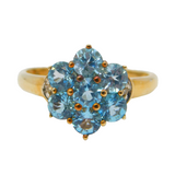9ct Yellow Gold, Blue Topaz & Diamond Floral Cluster Ring Vintage c1990s