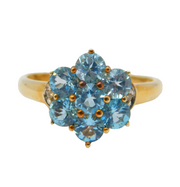 9ct Yellow Gold, Blue Topaz & Diamond Floral Cluster Ring Vintage c1990s