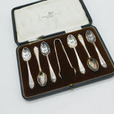 Edwardian Boxed Silver Plated Teaspoons & Tongs Set Antique c1910 Walker & Hall