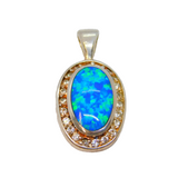 Sterling Silver Blue-Green Opal Cabochon & Spinel Oval Pendant Vintage c1970