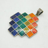 Taxco Mexican Sterling Silver Colourful Hardstone Set Drop Pendant Vintage