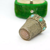 19th Century 800 Silver, Turquoise & Crystal Set Sewing Thimble Antique c1880