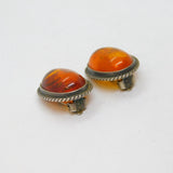 Pair of Sterling Silver Baltic Amber Oval Clip-On Earrings Vintage c1970