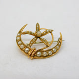Victorian 9ct Gold & Seed Pearl Crescent Moon & Flower Brooch Antique c1890