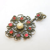 Austro-Hungarian Sterling Silver, Pearl & Garnet Drop Pendant Antique c1880s