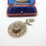 Filigree Sterling Silver & Turquoise Floral Hat Form Drop Pendant Antique c1930