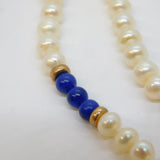 14ct Yellow Gold, Lapis Lazuli & Cultured Pearl Beaded Necklace Vintage c1970s