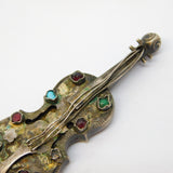 Austro-Hungarian 19th Century Sterling Silver Stone Set Violin Brooch Antique