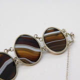Victorian Sterling Silver & Banded Agate Cabochon Cuff Bracelet Antique
