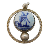 Sterling Silver Delft Ceramic Drop Charm Pendant Vintage c1970s