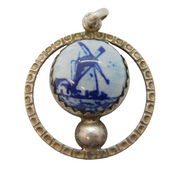 Sterling Silver Delft Ceramic Drop Charm Pendant Vintage c1970s