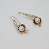 Pair of Sterling Silver Pearl Lily Form Hook Drop Earrings Contemporary c1990