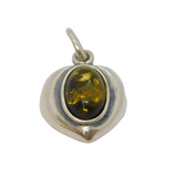Sterling Silver Baltic Amber Cabochon Set Heart Charm Pendant Vintage c1970