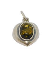 Sterling Silver Baltic Amber Cabochon Set Heart Charm Pendant Vintage c1970