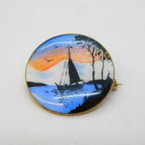 Norwegian Sterling Silver Enamel Sailing Scene Brooch Pin Antique c1940s
