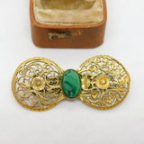 Art Nouveau Gold Plated Floral Brooch with Malachite Antique c1880