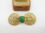 Art Nouveau Gold Plated Floral Brooch with Malachite Antique c1880