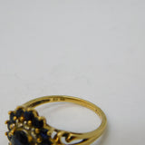 9ct Yellow Gold, Blue Sapphire & Spinel Floral Cluster Ring Vintage London