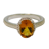 Sterling Silver Oval Citrine Solitaire Patterned Ring Vintage c1970 Size N 1/2