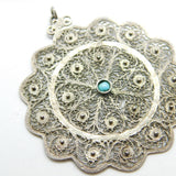 Sterling Silver Large Filigree and Turquoise Shield Charm Pendant Vintage c1970