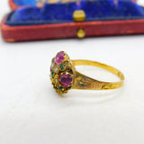 Victorian 9ct Yellow Gold, Amethyst, Seed Pearl & Paste Sweetheart Ring 1871