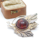 Russian Sterling Silver Cabochon Baltic Amber Leaf Brooch Antique c1930 Deco