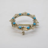Sterling Silver & Turquoise Set Ivy Leaf Wreath Brooch Vintage